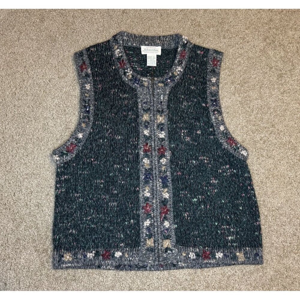 ST JOHNS BAY Vintage Green Knit Sweater Vest Dark Academia Floral Grandmacore M